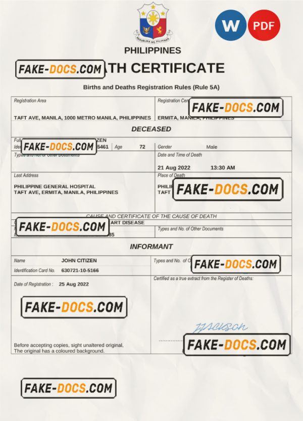 Philippines vital record death certificate Word and PDF template scan