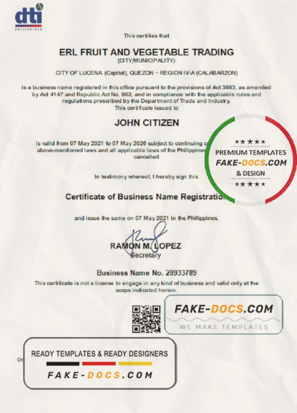Philippines Department of Trade and Industry (DTI) private entrepreneur certificate template in Word and PDF format scan