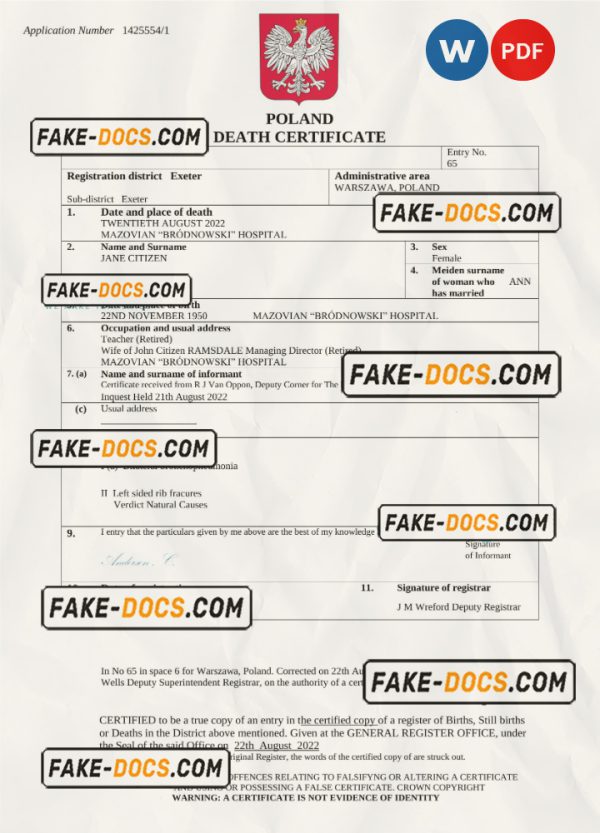 Poland death certificate Word and PDF template, completely editable scan
