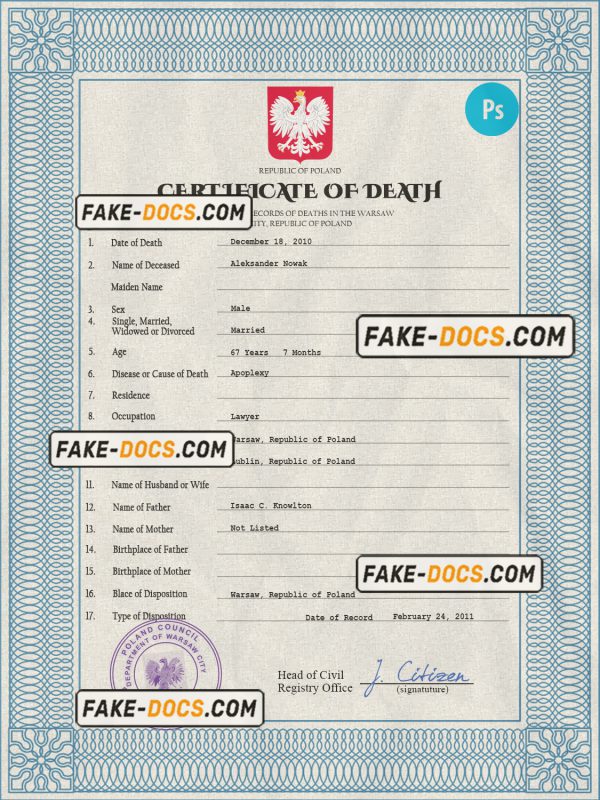 Poland vital record death certificate PSD template, fully editable scan