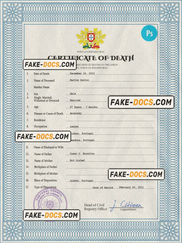 Portugal death certificate PSD template, completely editable scan
