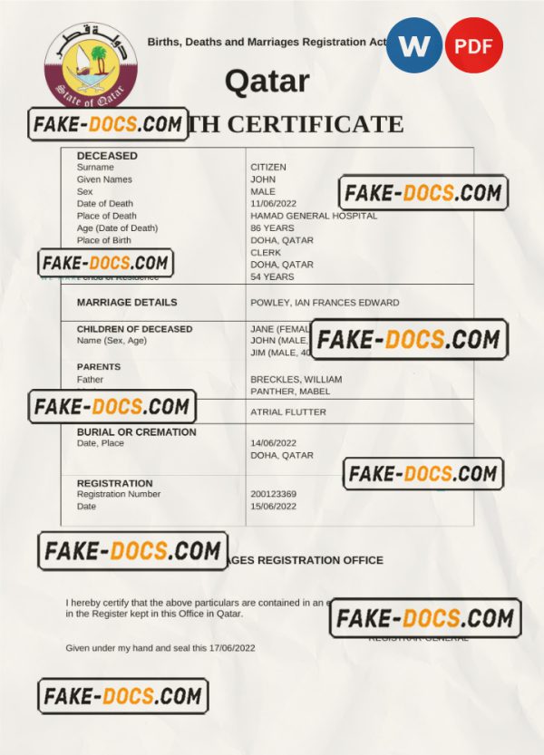 Qatar vital record death certificate Word and PDF template scan