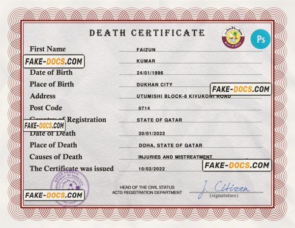 Qatar vital record death certificate PSD template scan