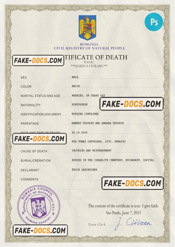 Romania death certificate PSD template, completely editable scan
