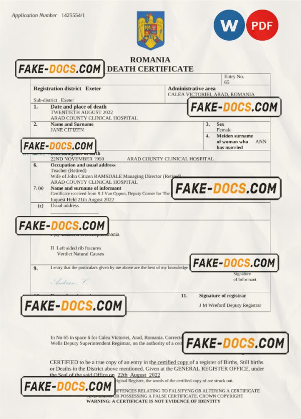 Romania vital record death certificate Word and PDF template scan