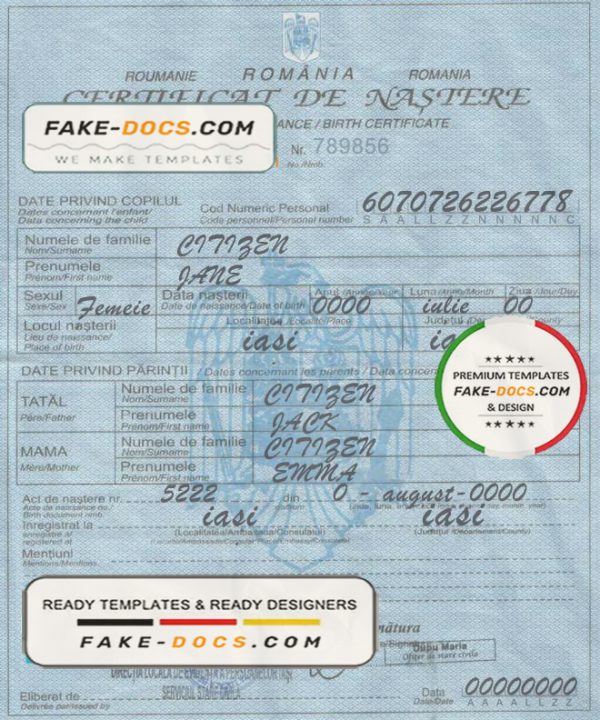 Romania birth certificate template in PSD format, fully editable scan
