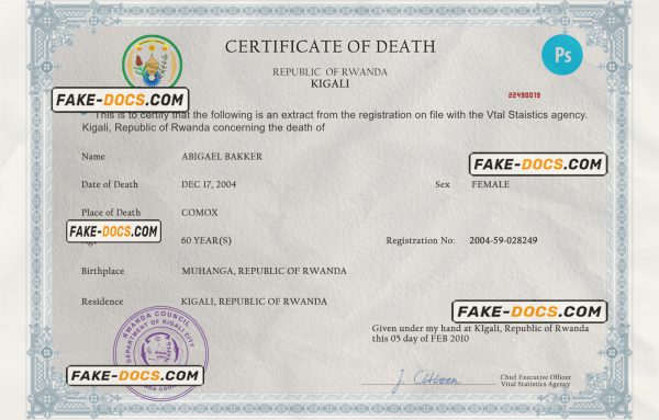 Rwanda vital record death certificate PSD template, fully editable scan