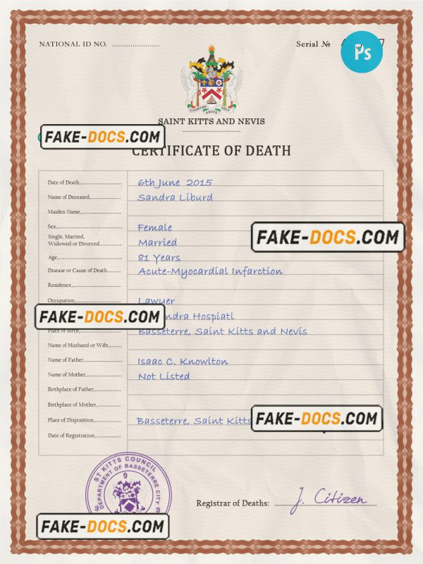 Saint Kitts and Nevis death certificate PSD template, completely editable scan