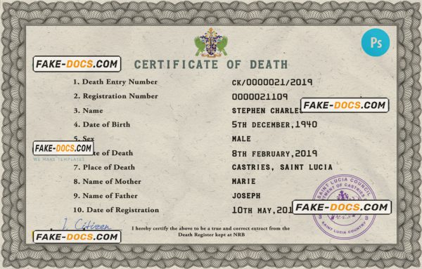 Saint Lucia vital record death certificate PSD template scan