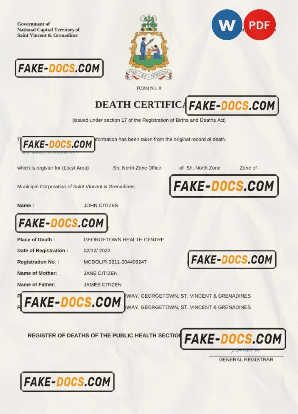 Saint Vincent and the Grenadines vital record death certificate Word and PDF template scan