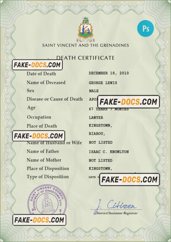 Saint Vincent and the Grenadines death certificate PSD template, completely editable scan
