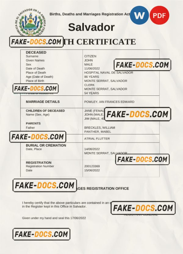 Salvador vital record death certificate Word and PDF template scan