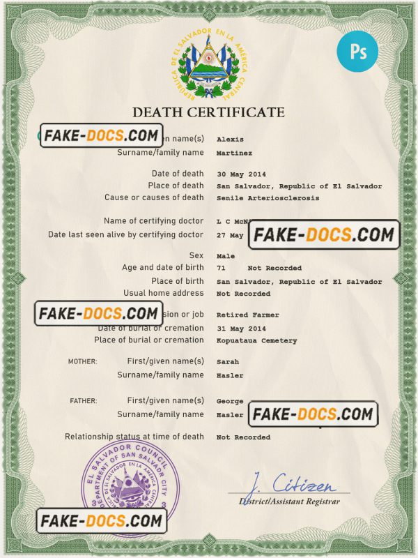 Salvador vital record death certificate PSD template, completely editable scan