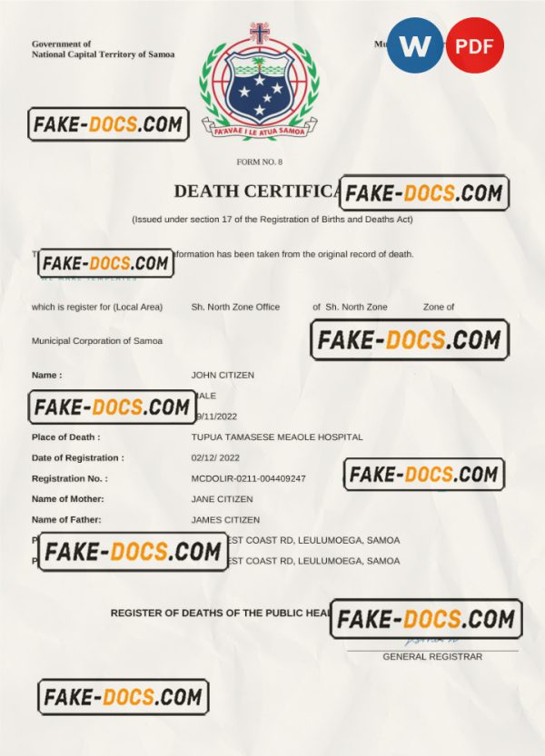 Samoa death certificate Word and PDF template, completely editable scan
