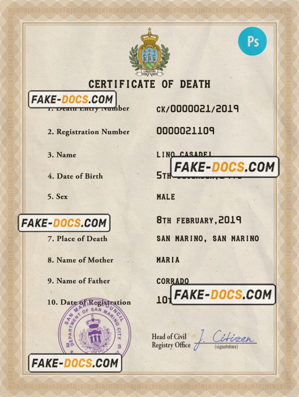 Samoa vital record death certificate PSD template, fully editable scan