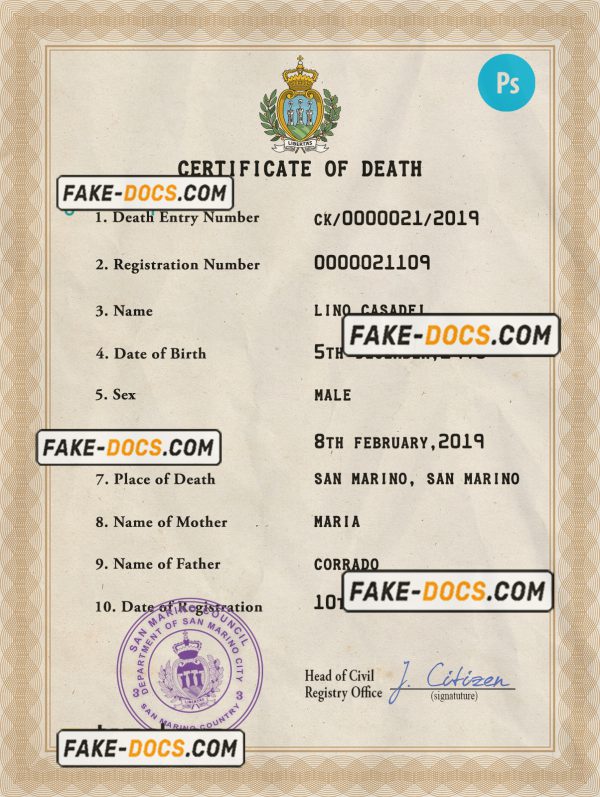 San Marino vital record death certificate PSD template, fully editable scan