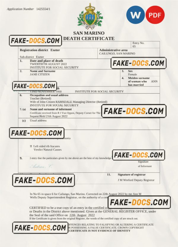 San Marino death certificate Word and PDF template, completely editable scan