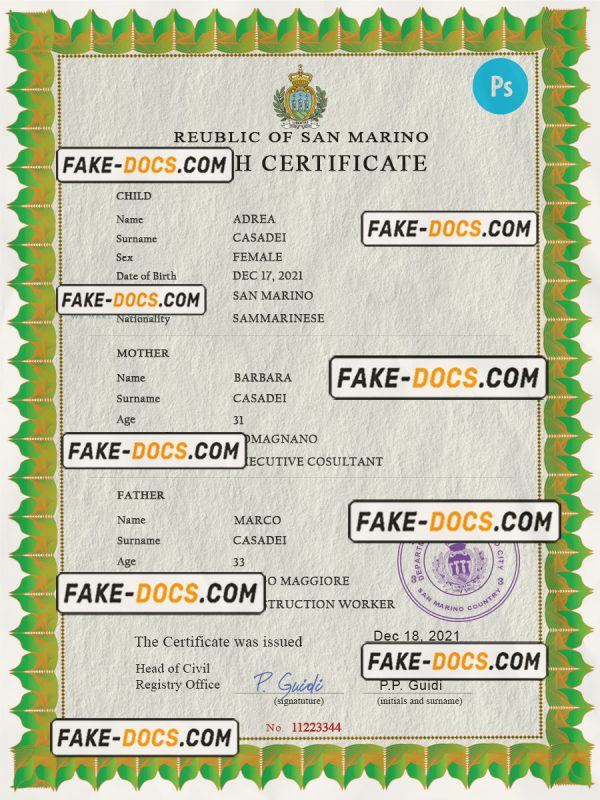 San Marino birth certificate PSD template, completely editable scan