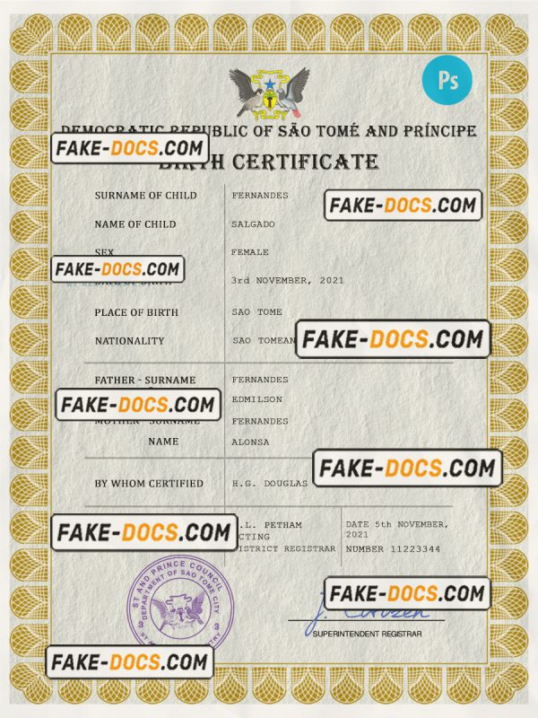 Sao Tome and Principe vital record birth certificate PSD template, fully editable scan