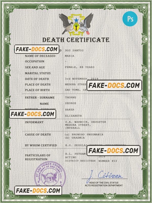 Sao Tome vital record death certificate PSD template, completely editable scan