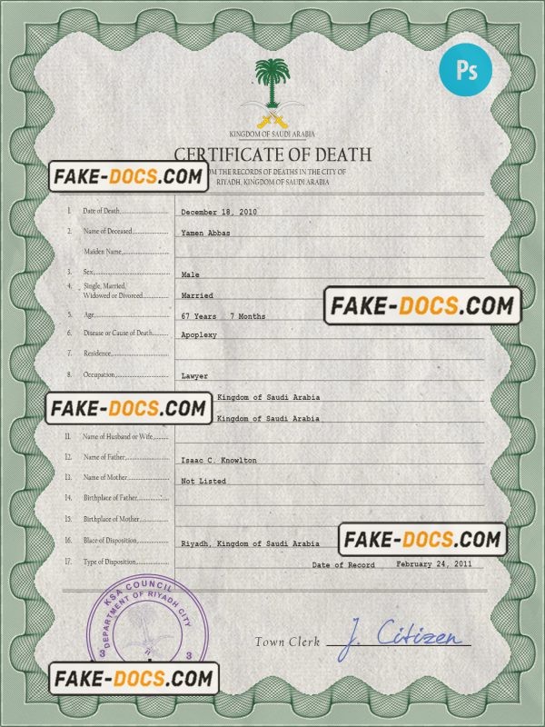 Saudi Arabia death certificate PSD template, completely editable scan