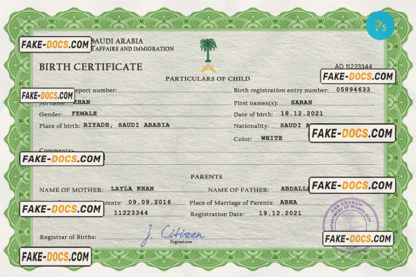 Saudi Arabia vital record birth certificate PSD template scan