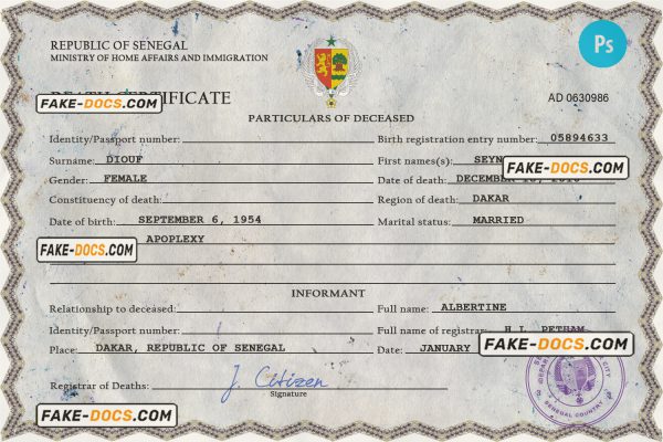 Senegal vital record death certificate PSD template scan