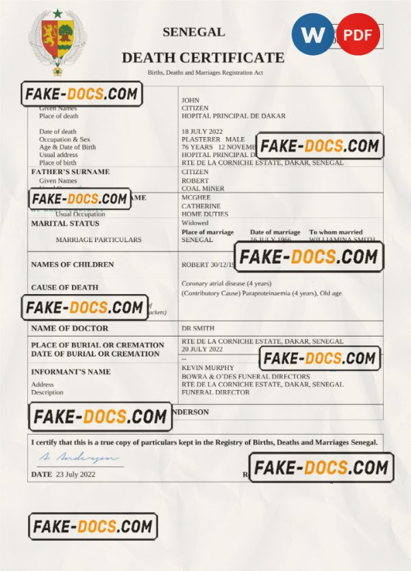 Senegal vital record death certificate Word and PDF template scan