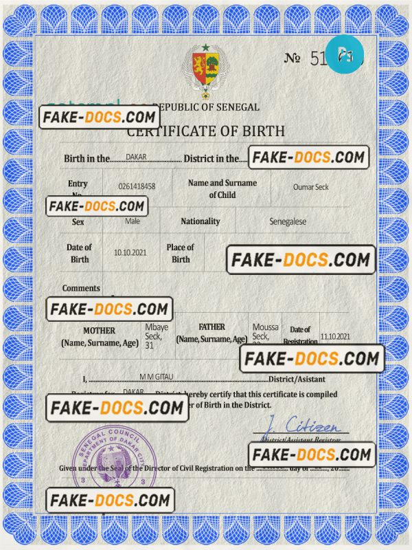 Senegal birth certificate PSD template, completely editable scan