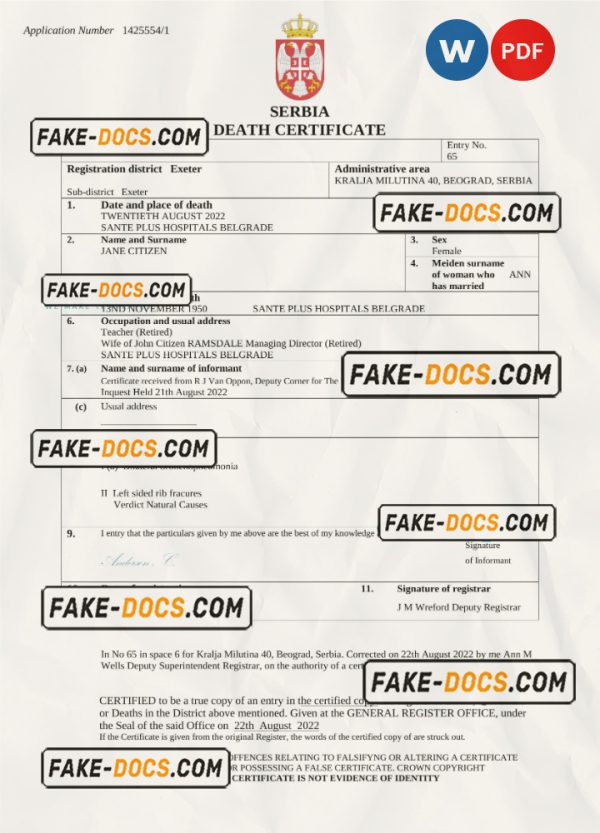 Serbia death certificate Word and PDF template, completely editable scan