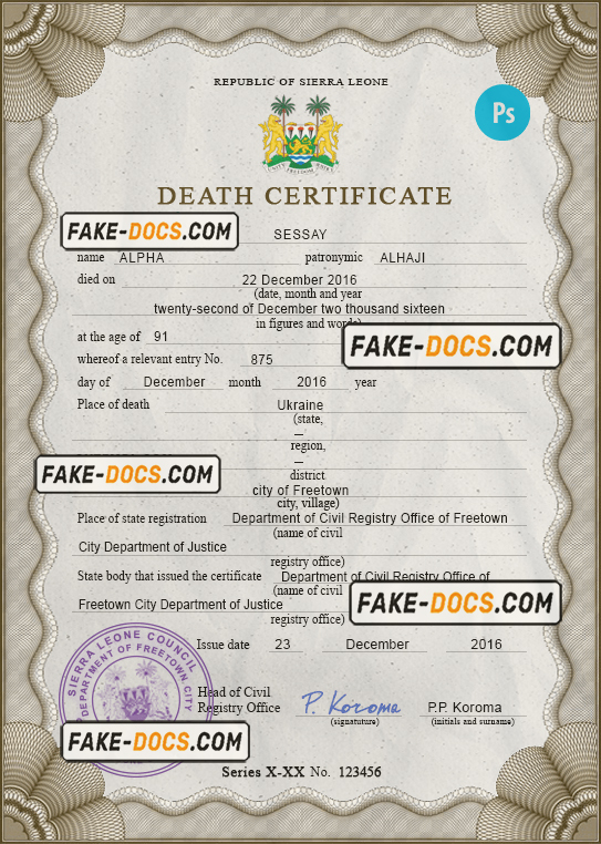 Sierra Leone vital record death certificate PSD template, completely editable scan