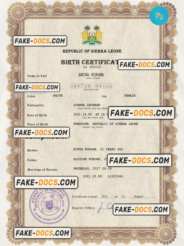 Sierra Leone vital record birth certificate PSD template, fully editable scan