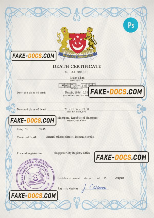 Singapore death certificate PSD template, completely editable scan