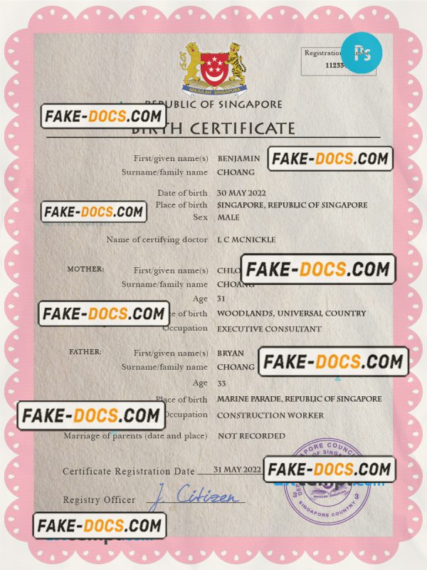 Singapore vital record birth certificate PSD template scan