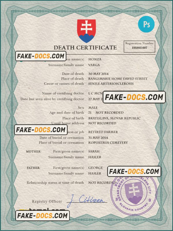Slovakia vital record death certificate PSD template scan