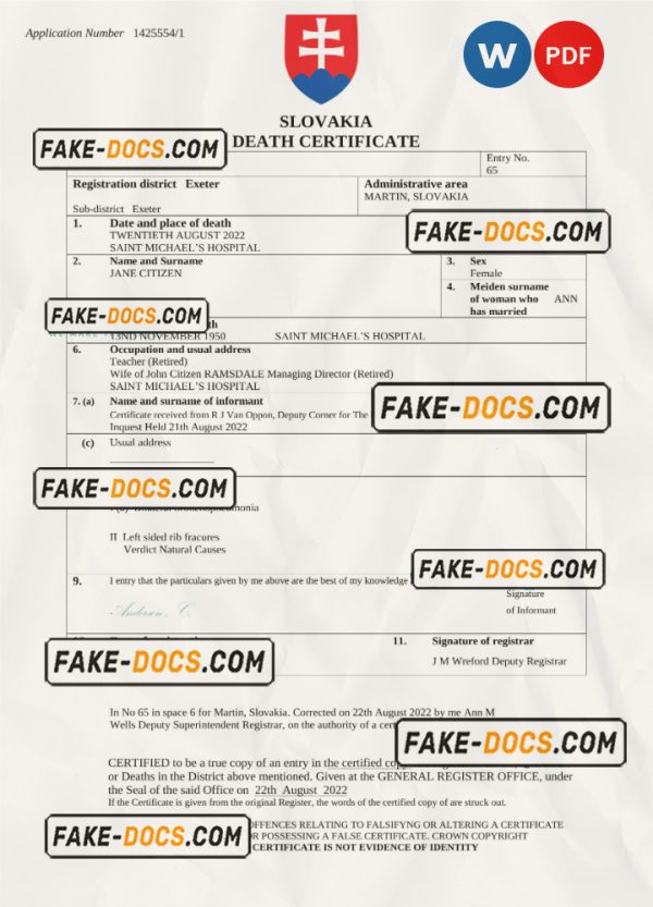 Slovakia death certificate Word and PDF template, completely editable scan