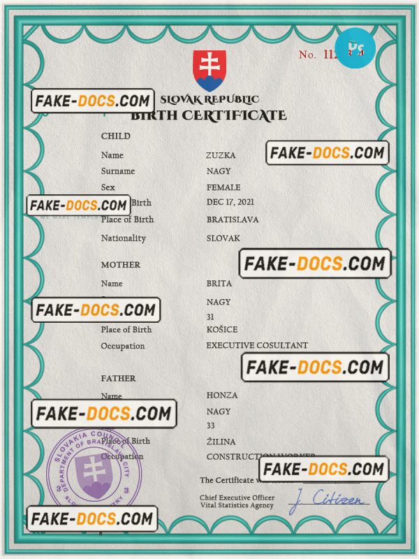 Slovakia birth certificate PSD template, completely editable scan