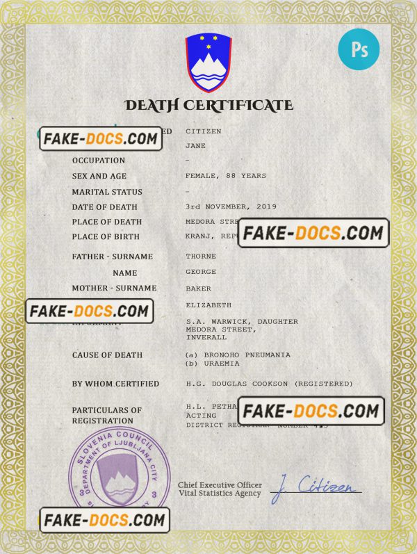 Slovenia death certificate PSD template, completely editable scan
