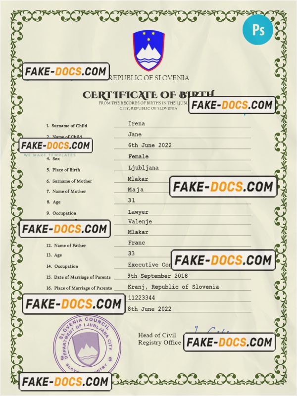 Slovenia birth certificate PSD template, completely editable scan