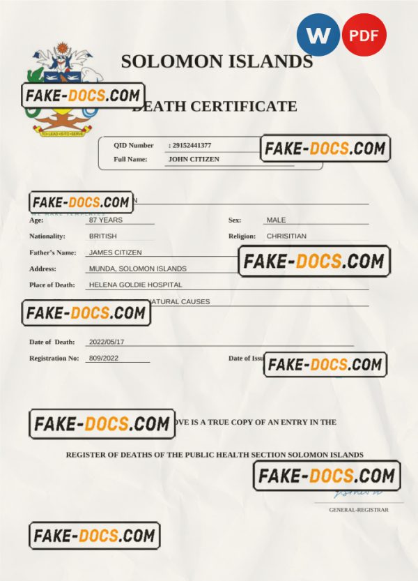 Solomon Islands vital record death certificate Word and PDF template scan