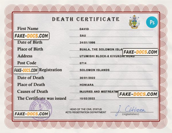Solomon vital record death certificate PSD template, fully editable
