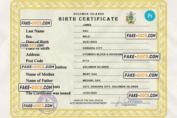 Solomon vital record birth certificate PSD template, fully editable scan