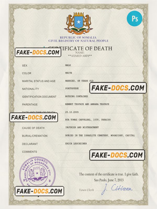 Somalia vital record death certificate PSD template, completely editable scan