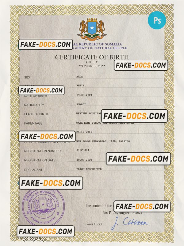 Somalia vital record birth certificate PSD template scan