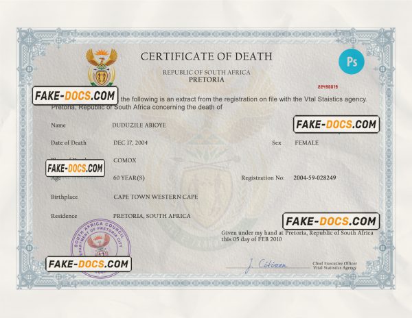 South Africa death certificate PSD template, completely editable scan