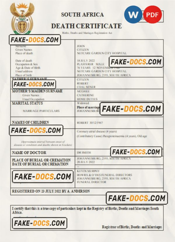 South Africa death certificate Word and PDF template, completely editable scan