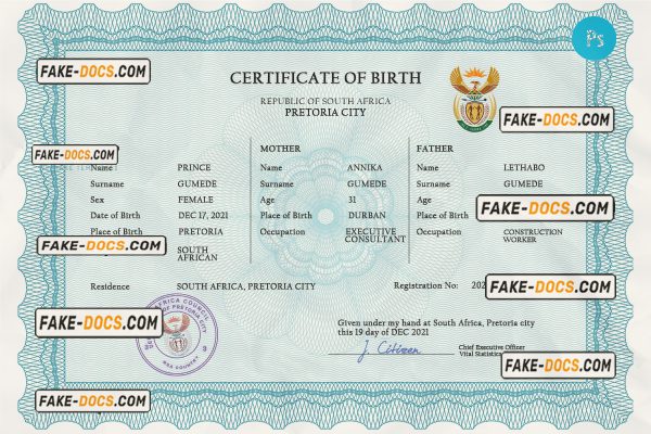 South Africa birth certificate PSD template, completely editable scan