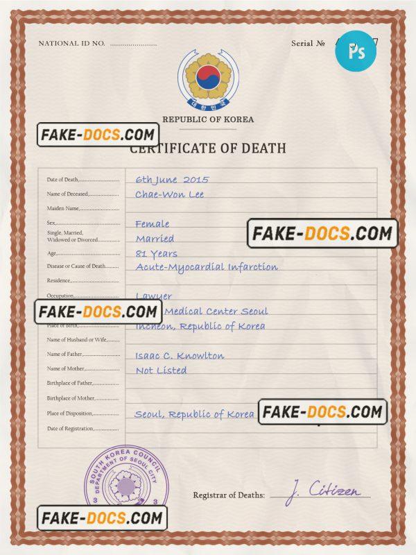 South Korea vital record death certificate PSD template scan