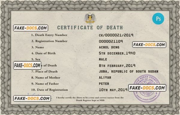 South Sudan death certificate PSD template, completely editable scan