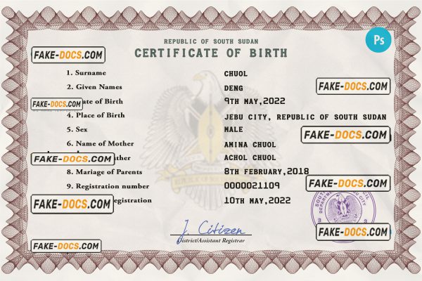 South Sudan birth certificate PSD template, completely editable scan